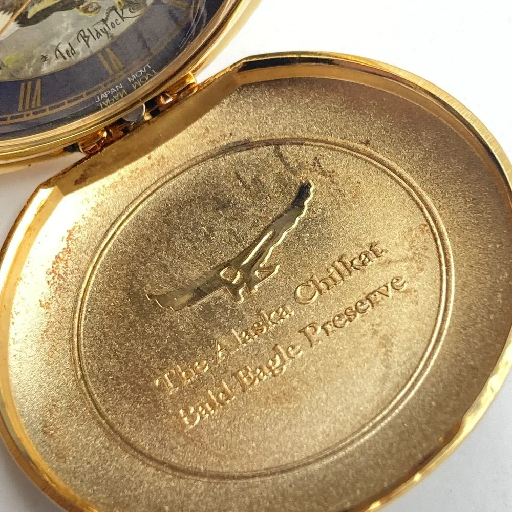 Franklin Mint Pocket Watch Alaskan Chilkat Bald Eagle w/Chain 51mm New Battery